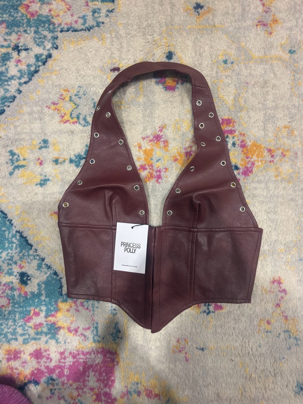 NWT-Princess Polly Burgundy Vegan Leather Halter Corset Top